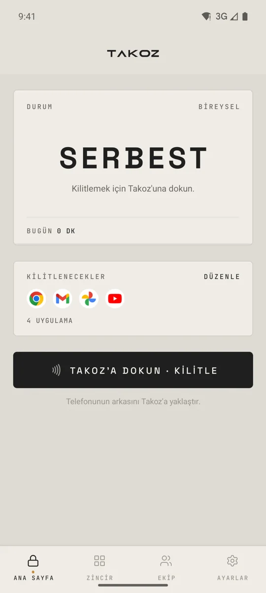 Takoz uygulamasının ana ekranı: Serbest durumu ve kilitlenecek uygulamalar