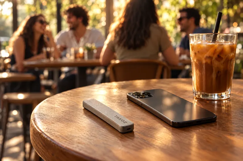 Kafe masasında ters çevrilmiş telefonun yanında Takoz