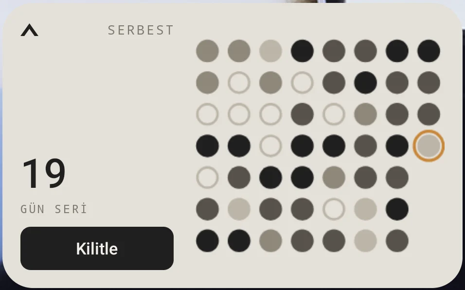 Serbest durumdaki Takoz widget'ı: gün serisi, Kilitle tuşu ve zincir
